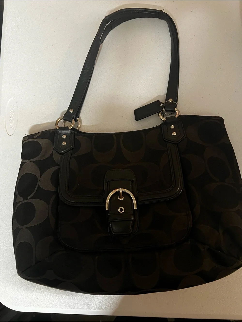 Coach Black Signature Canvas Shoulder Tote with Buckle Flap